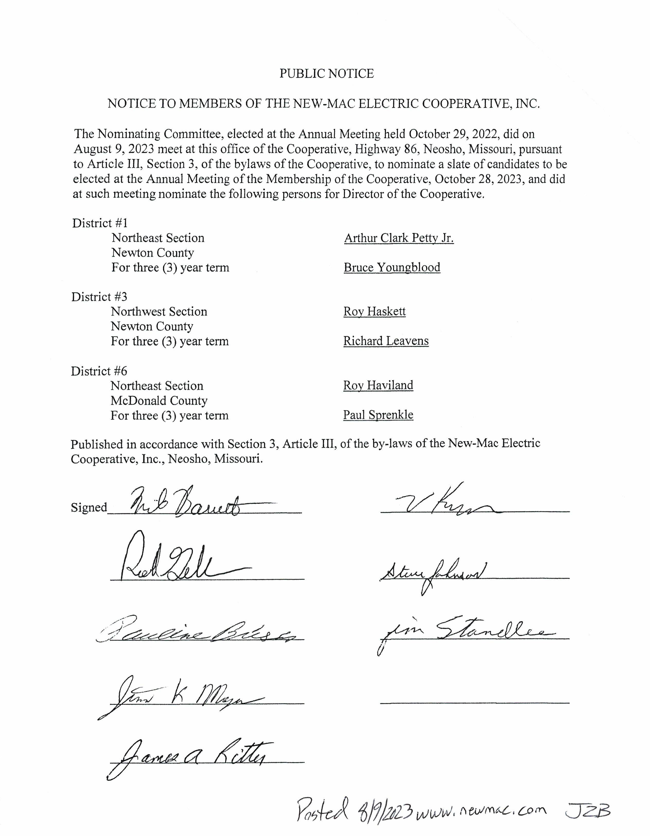 2023 Nominating Committee Public Notice